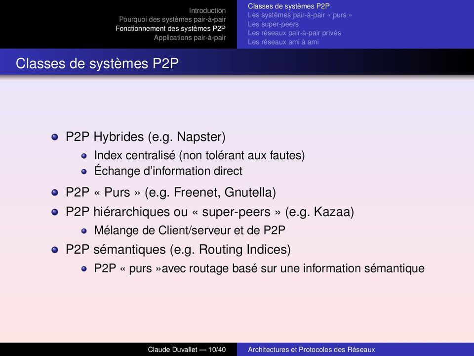 Napster) Index centralisé (non tolérant aux fautes) Échange d information direct P2P «Purs» (e.g. Freenet, Gnutella) P2P hiérarchiques ou «super-peers» (e.