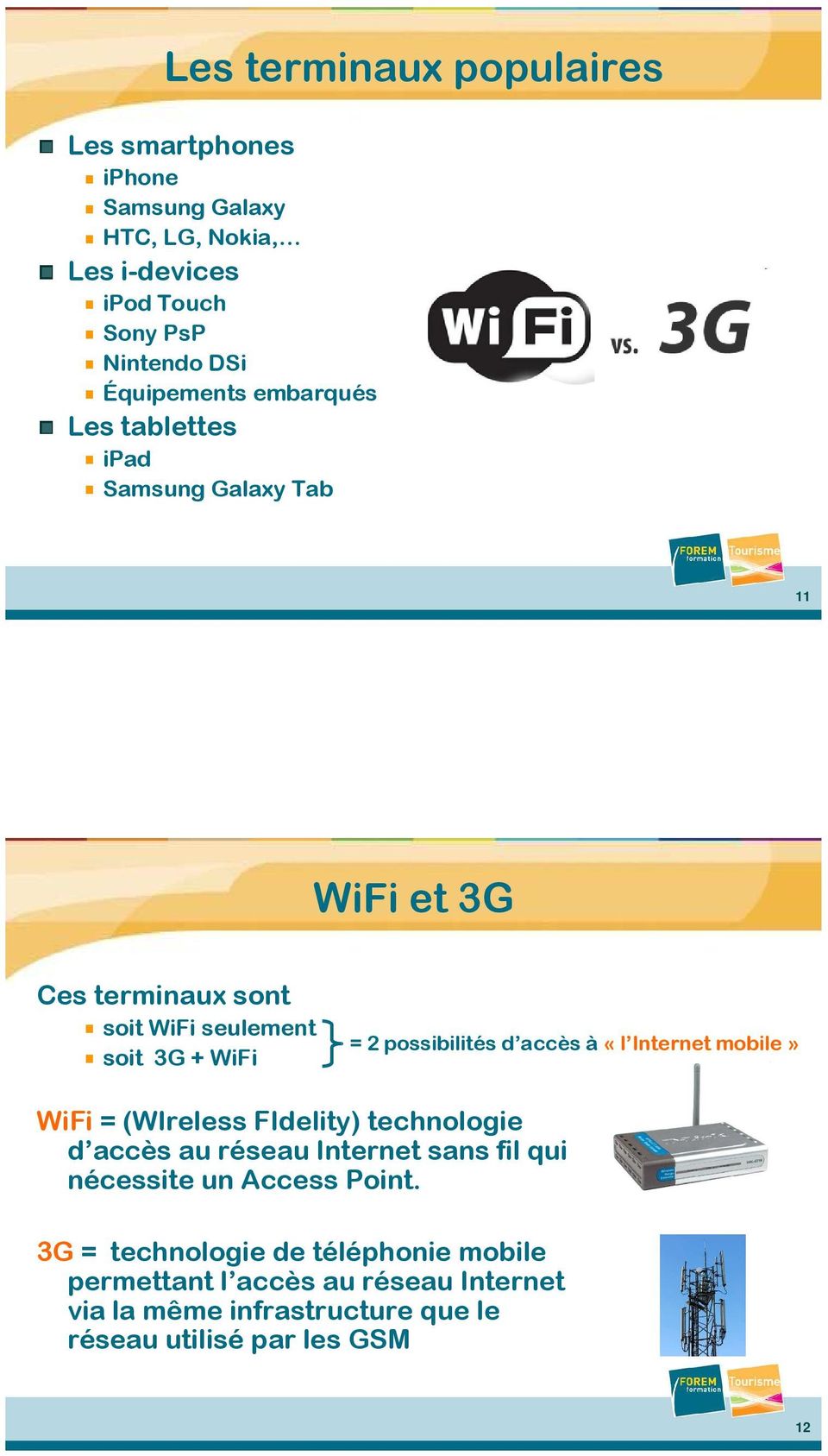 possibilités d accès à «l Internet mobile» WiFi = (WIreless FIdelity) technologie d accès au réseau Internet sans fil qui nécessite un