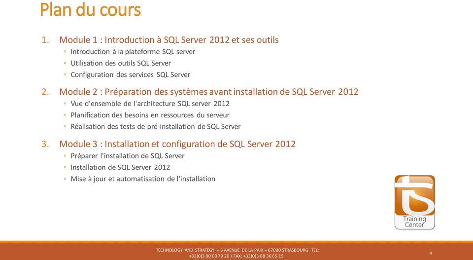 Module 2 : Préparation des systèmes avant installation de SQL Server 2012 Vue d'ensemble de l'architecture SQL server 2012 Planification des