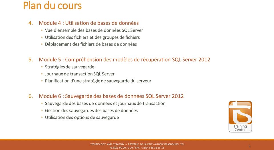 Module 5 : Compréhension des modèles de récupération SQL Server 2012 Stratégies de sauvegarde Journaux de transaction SQL Server Planification