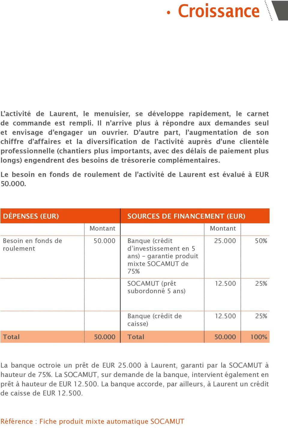 engendrent des besoins de trésorerie complémentaires. Le besoin en fonds de roulement de l activité de Laurent est évalué à EUR 50.000.