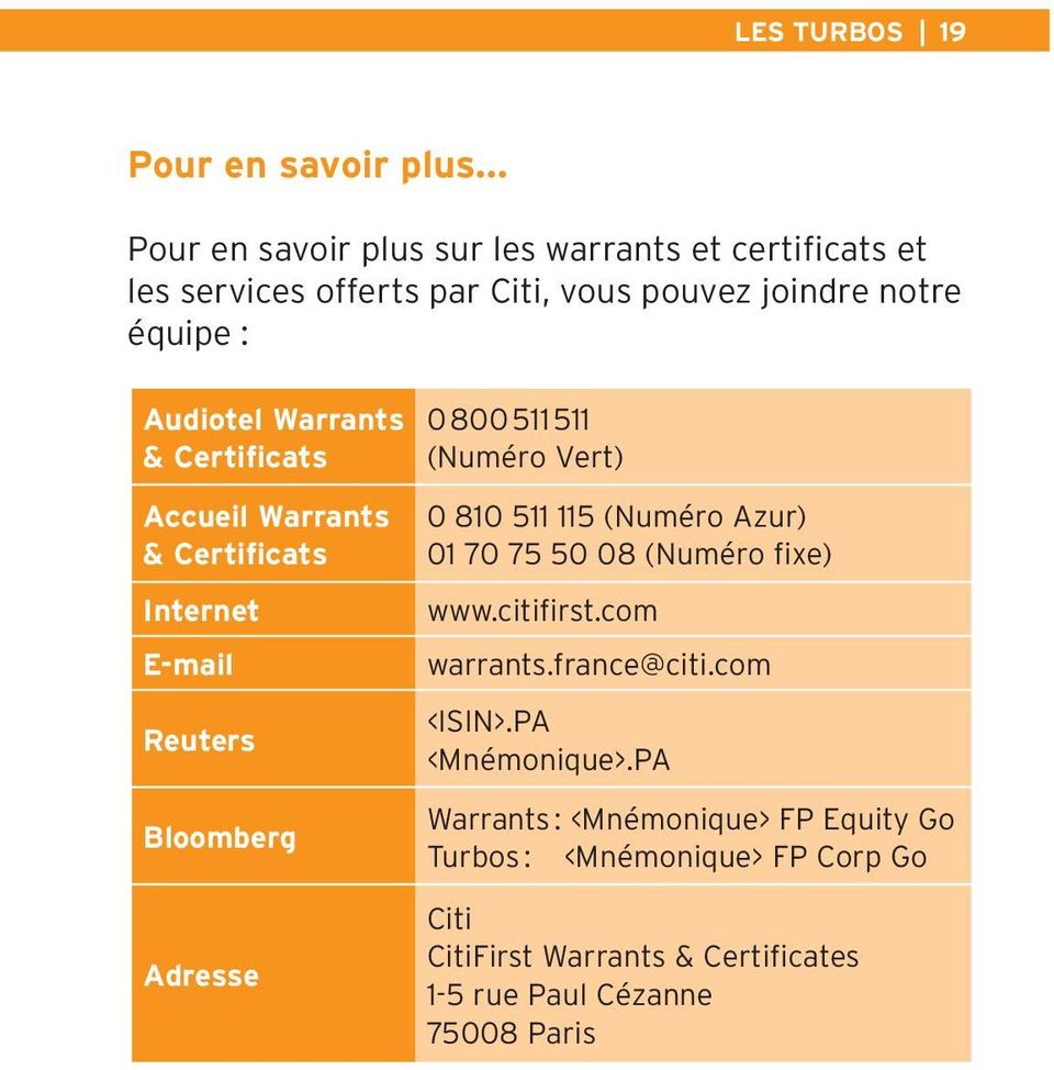 Warrants & Certificats Accueil Warrants & Certificats Internet E-mail Reuters Bloomberg 0 800 511 511 (Numéro Vert) 0 810 511 115 (Numéro