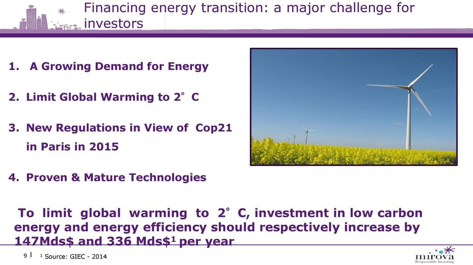 Proven & Mature Technologies To limit global warming to 2 C, investment in low carbon energy