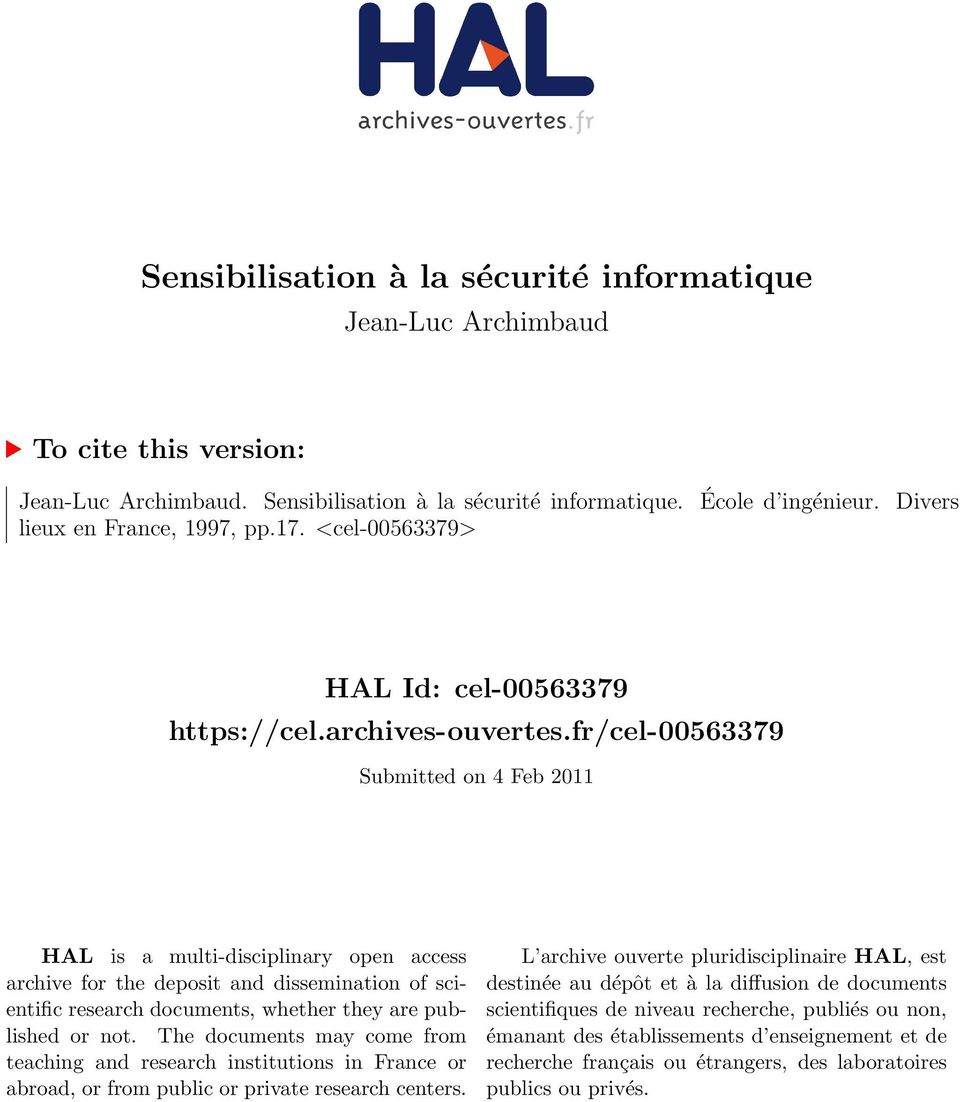 fr/cel-00563379 Submitted on 4 Feb 2011 HAL is a multi-disciplinary open access archive for the deposit and dissemination of scientific research documents, whether they are published or not.