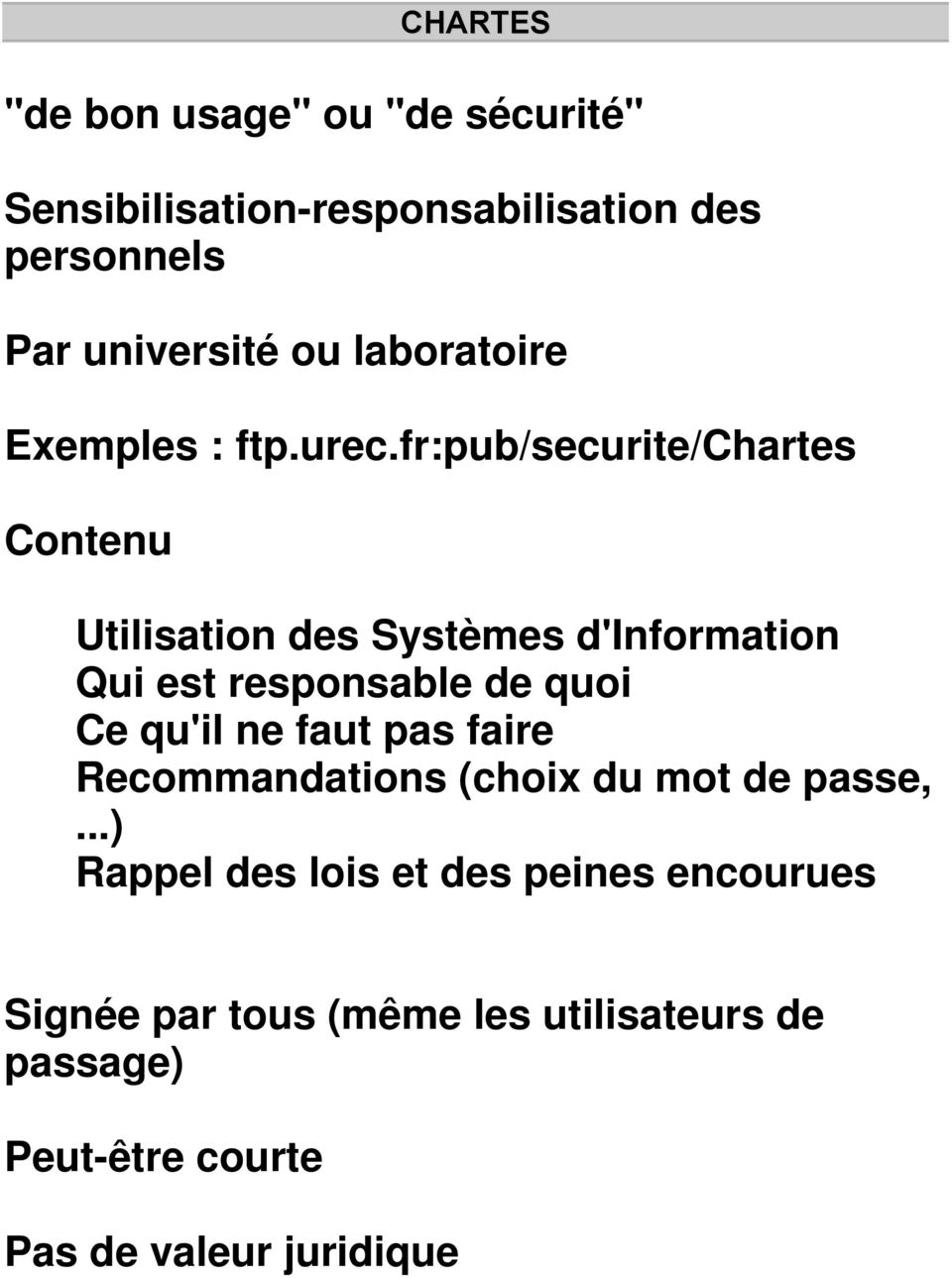 fr:pub/securite/chartes Contenu Utilisation des Systèmes d'information Qui est responsable de quoi Ce qu'il ne