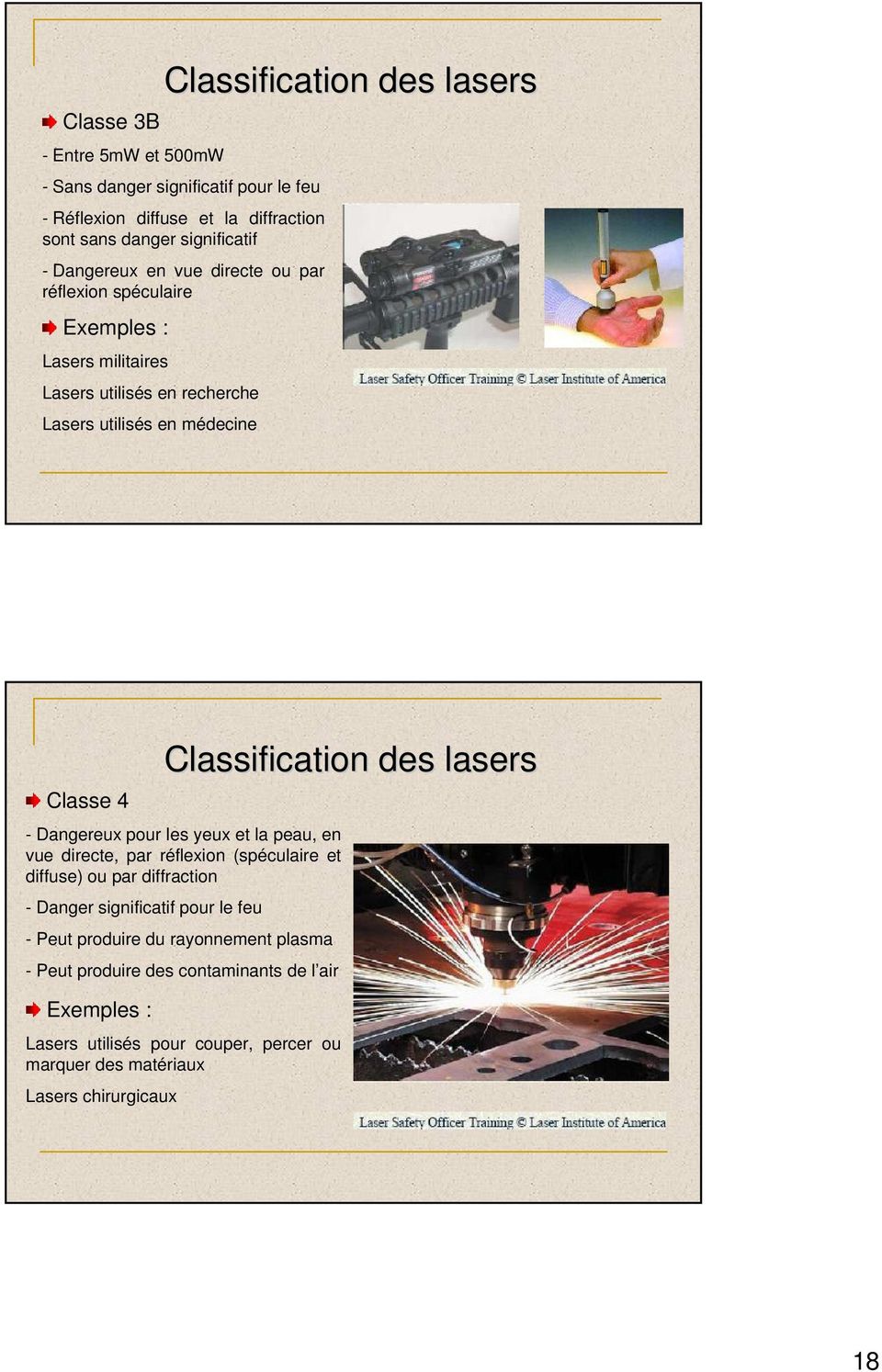 des lasers - Dangereux pour les yeux et la peau, en vue directe, par réflexion (spéculaire et diffuse) ou par diffraction - Danger significatif pour le feu - Peut