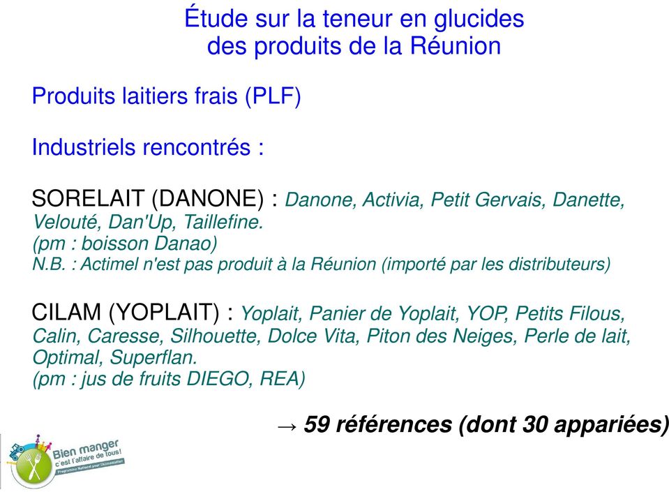 : Actimel n'est pas produit à la Réunion (importé par les distributeurs) CILAM (YOPLAIT) : Yoplait, Panier de Yoplait, YOP,