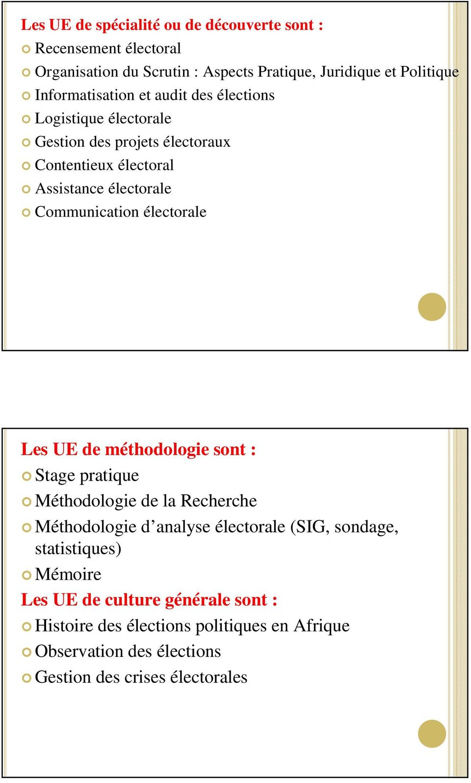 Communication électorale Les UE de méthodologie sont : Stage pratique Méthodologie de la Recherche Méthodologie d analyse électorale (SIG,