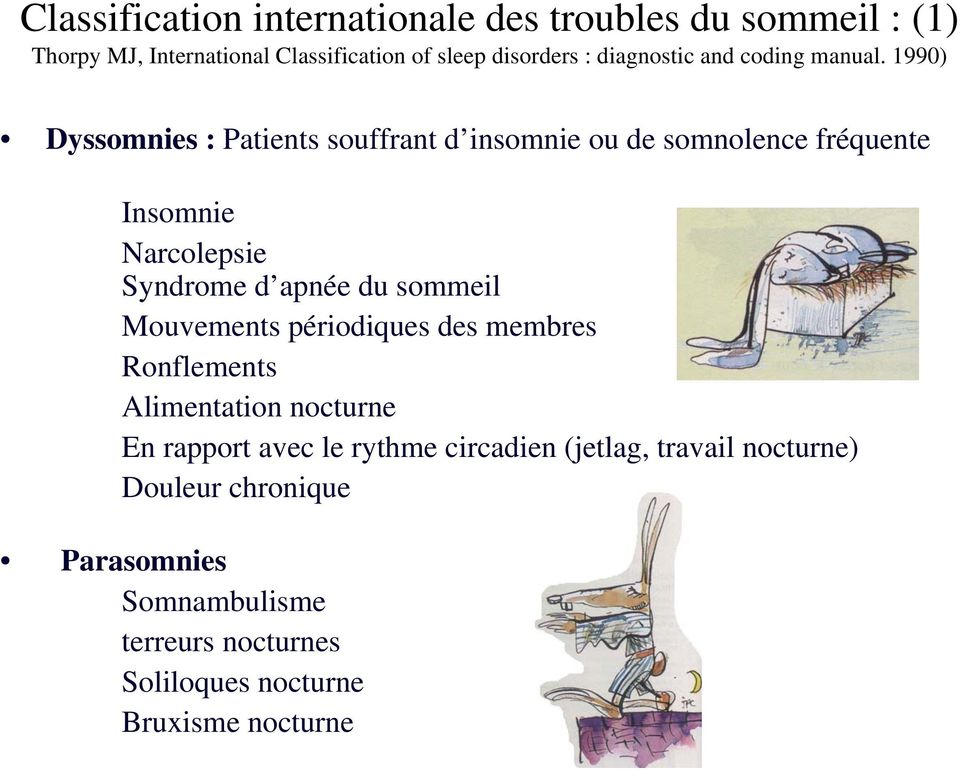 1990) Dyssomnies : Patients souffrant d insomnie ou de somnolence fréquente Insomnie Narcolepsie Syndrome d apnée du sommeil