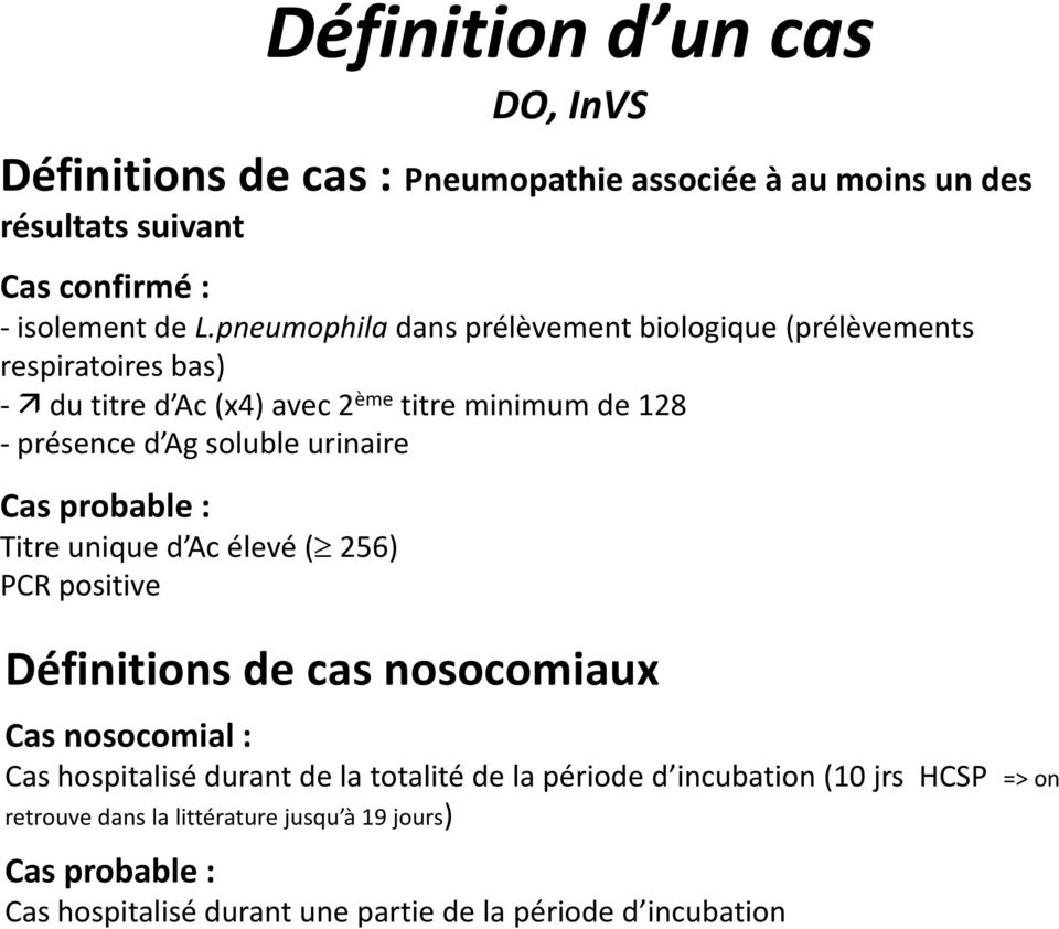 urinaire Cas probable : Titre unique d Ac élevé ( 256) PCR positive Définitions de cas nosocomiaux Cas nosocomial : Cas hospitalisé durant de la
