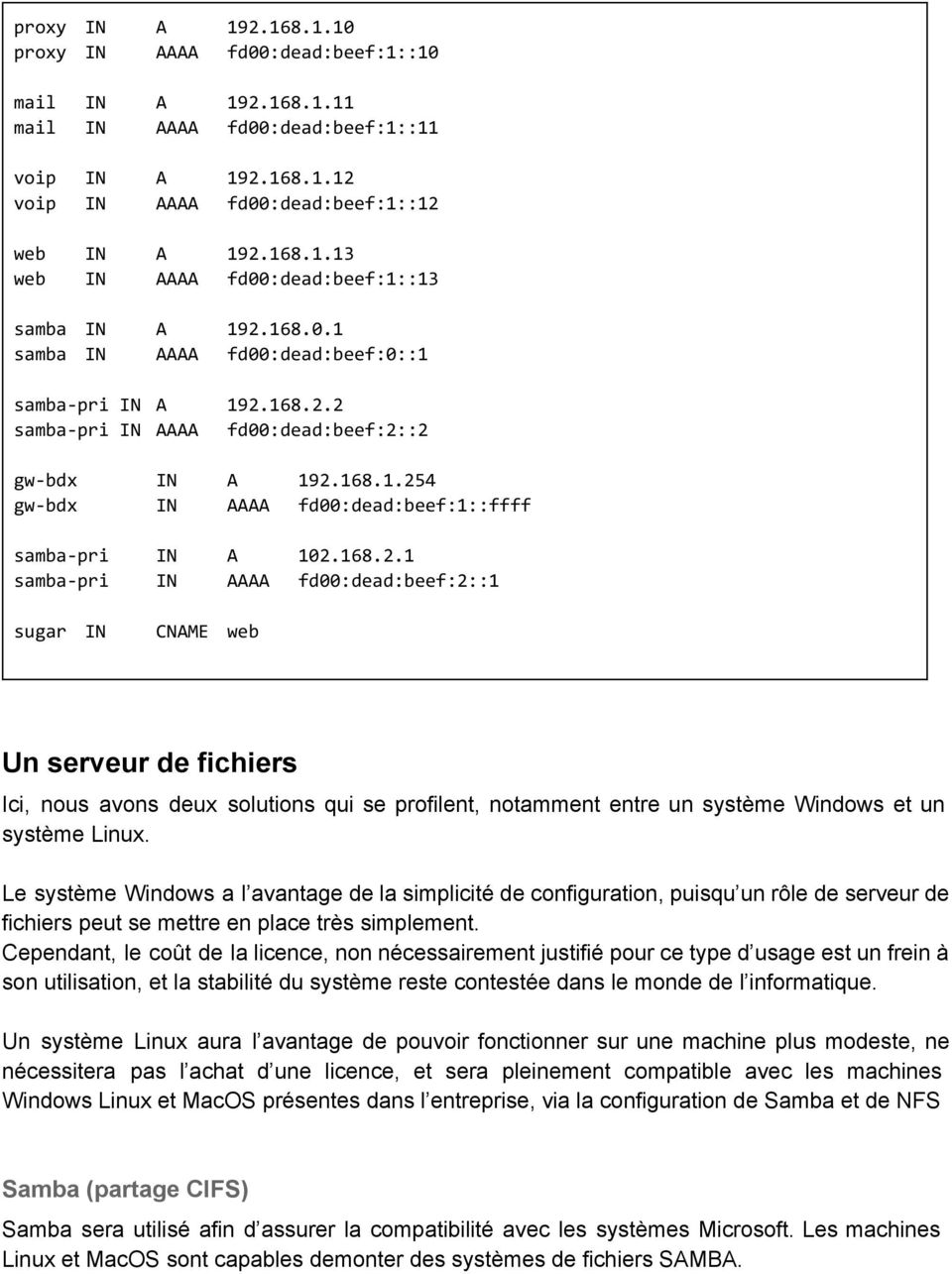 168.2.2 samba-priin AAAA fd00:dead:beef:2::2 gw-bdx IN A 192.168.1.254 gw-bdx IN AAAA fd00:dead:beef:1::ffff samba-pri IN A 102.168.2.1 samba-pri IN AAAA fd00:dead:beef:2::1 sugar IN CNAME web Un serveur de fichiers Ici, nous avons deux solutions qui se profilent, notamment entre un système Windows et un système Linux.