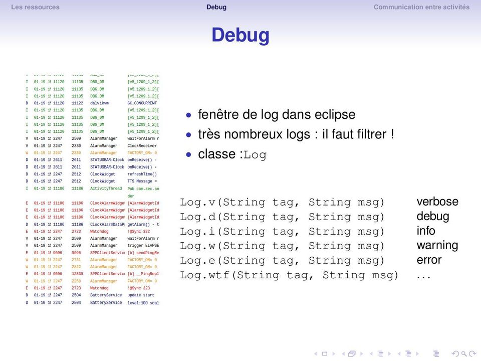 d(String tag, String msg) debug Log.i(String tag, String msg) info Log.