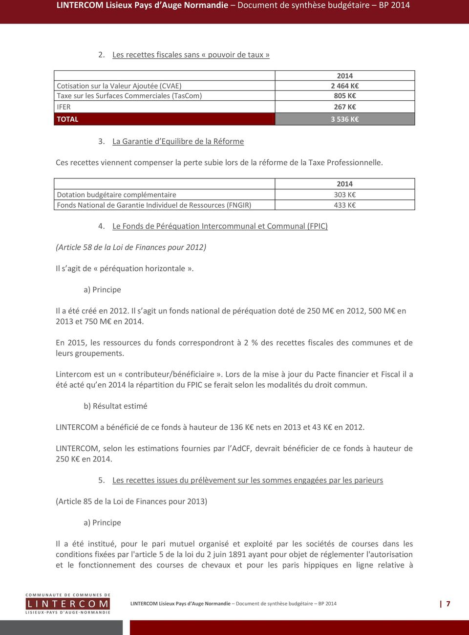2014 Dotation budgétaire complémentaire 303 K Fonds National de Garantie Individuel de Ressources (FNGIR) 433 K 4.
