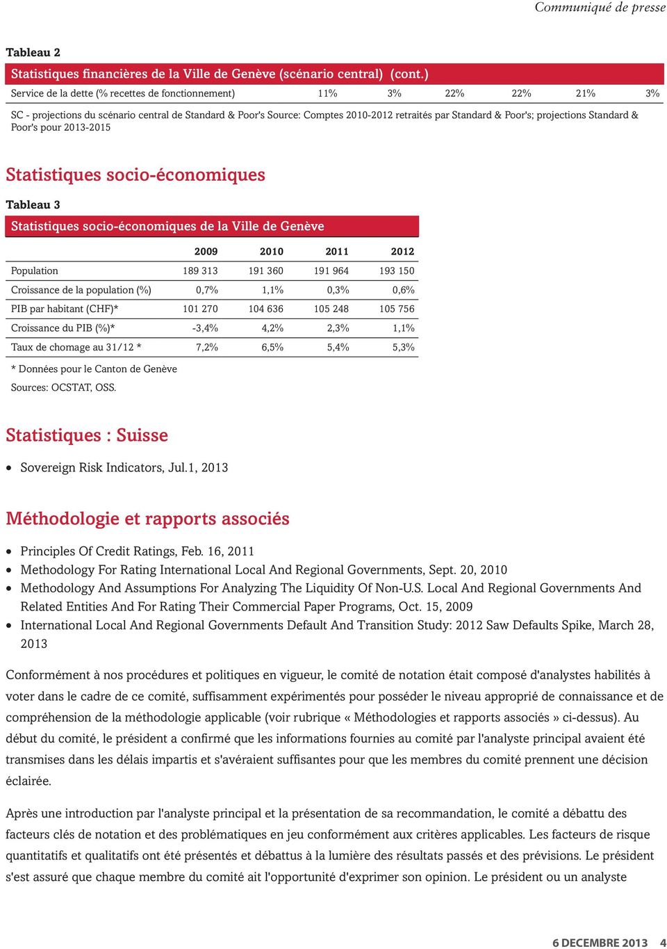 projections Standard & Poor's pour 2013-2015 Statistiques socio-économiques Tableau 3 Statistiques socio-économiques de la Ville de Genève 2009 2010 2011 2012 Population 189 313 191 360 191 964 193