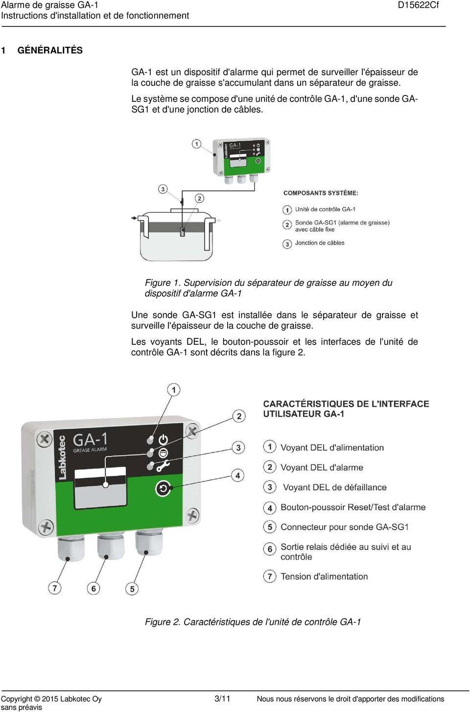 Supervision du séparateur de graisse au moyen du dispositif d'alarme GA-1 Une sonde GA-SG1 est installée dans le séparateur de graisse et surveille l'épaisseur de la couche de