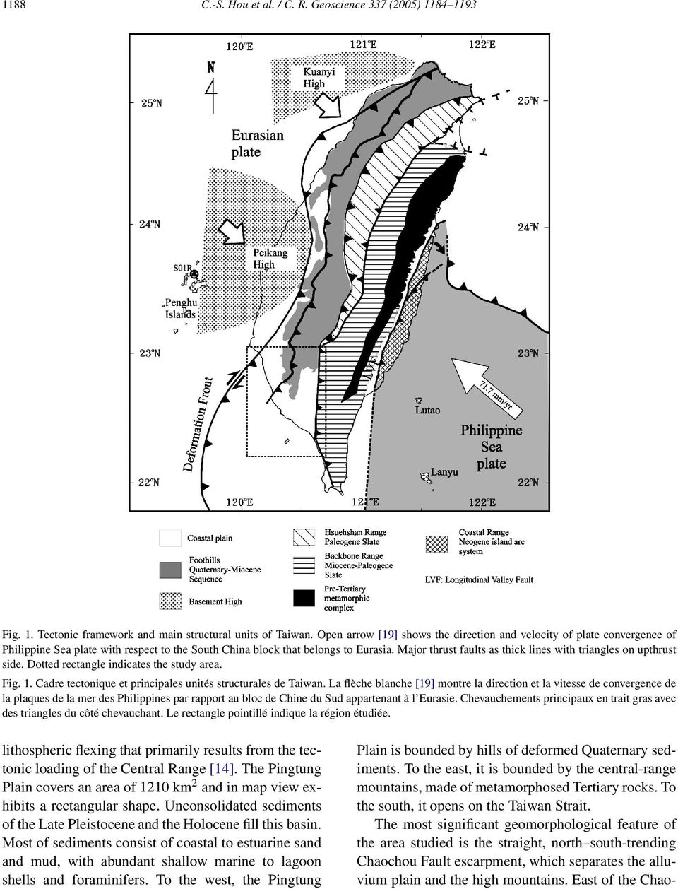 Major thrust faults as thick lines with triangles on upthrust side. Dotted rectangle indicates the study area. Fig. 1. Cadre tectonique et principales unités structurales de Taiwan.