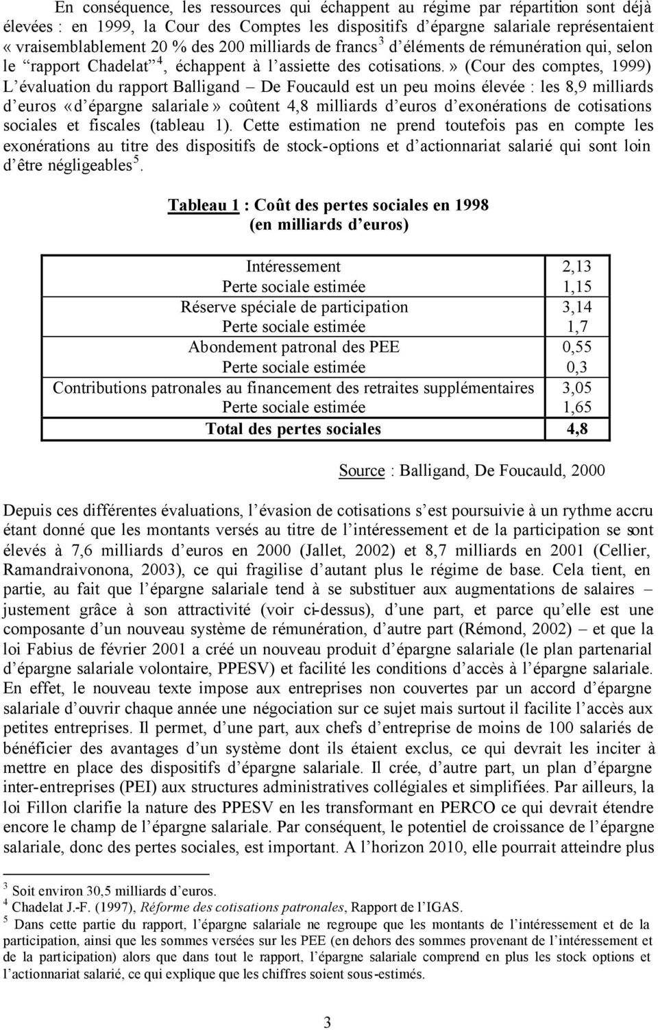 » (Cour des comptes, 1999) L évaluation du rapport Balligand De Foucauld est un peu moins élevée : les 8,9 milliards d euros «d épargne salariale» coûtent 4,8 milliards d euros d exonérations de