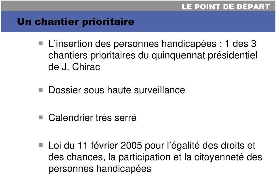 Chirac Dossier sous haute surveillance Calendrier très serré Loi du 11 février 2005