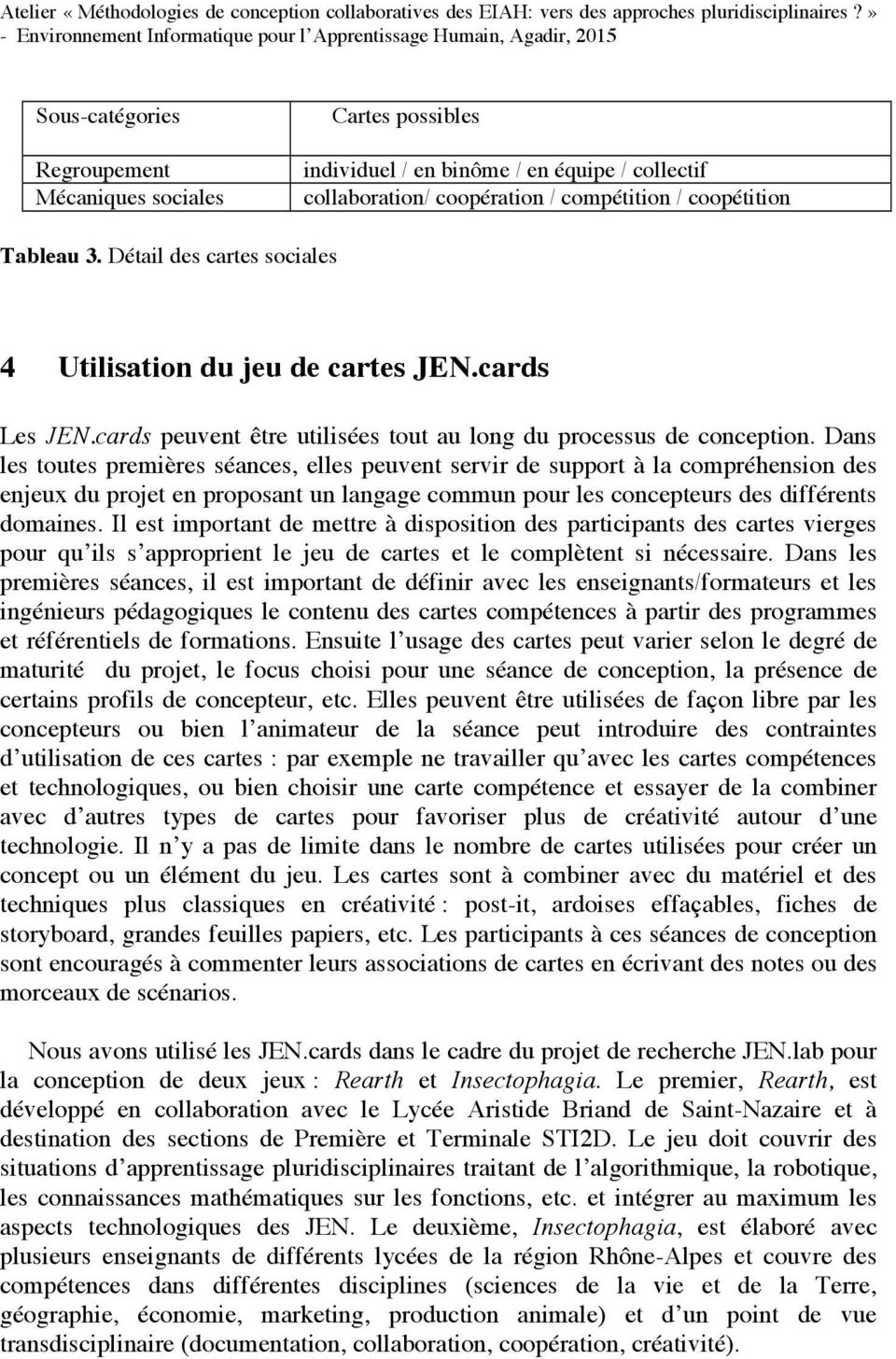 collaboration/ coopération / compétition / coopétition Tableau 3. Détail des cartes sociales 4 Utilisation du jeu de cartes JEN.cards Les JEN.