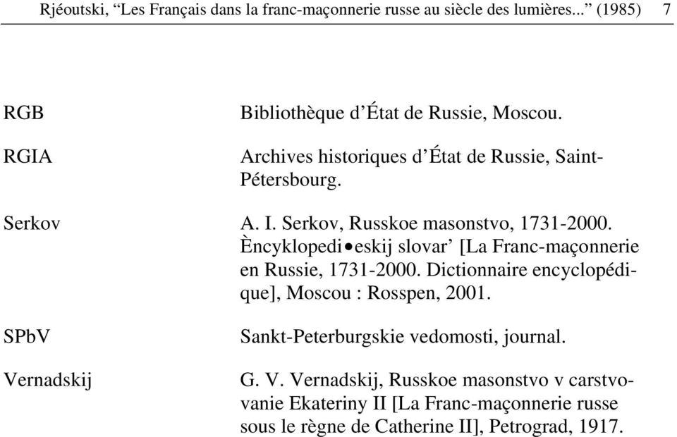 Èncyklopedi eskij slovar [La Franc-maçonnerie en Russie, 1731-2000. Dictionnaire encyclopédique], Moscou : Rosspen, 2001.