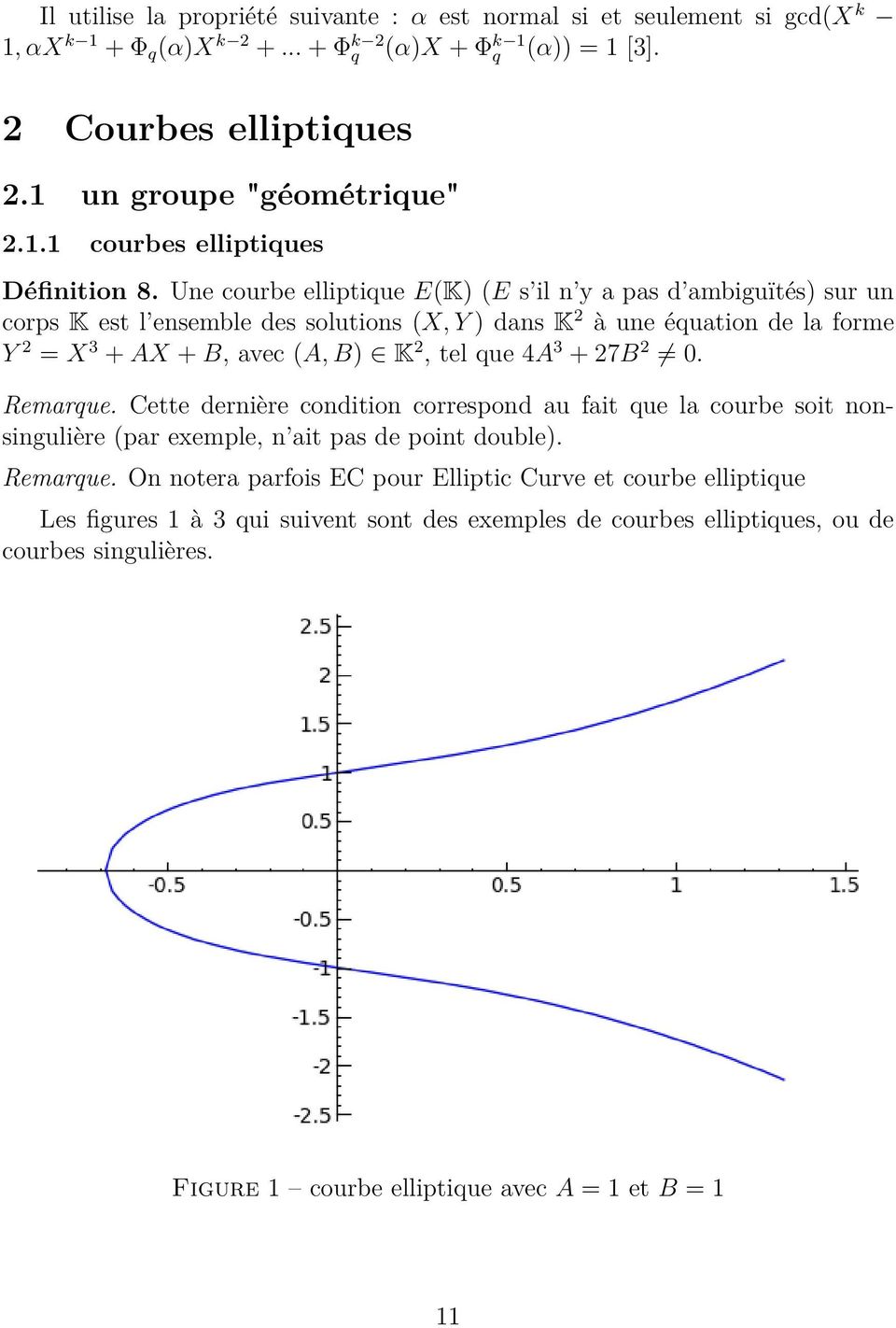 + 27B 2 0. Remarque. Cette dernière condition correspond au fait que la courbe soit nonsingulière (par exemple, n ait pas de point double). Remarque. On notera parfois EC pour Elliptic Curve et courbe elliptique Les figures 1 à 3 qui suivent sont des exemples de courbes elliptiques, ou de courbes singulières.