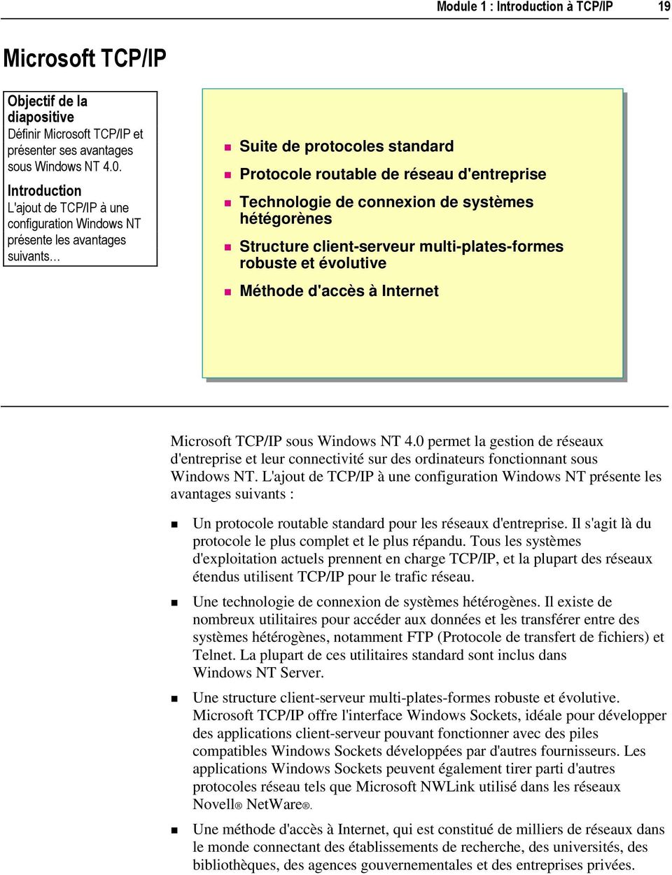 Méthode d'accès à Internet Microsoft TCP/IP sous Windows NT 4.0 permet la gestion de réseaux d'entreprise et leur connectivité sur des ordinateurs fonctionnant sous Windows NT.