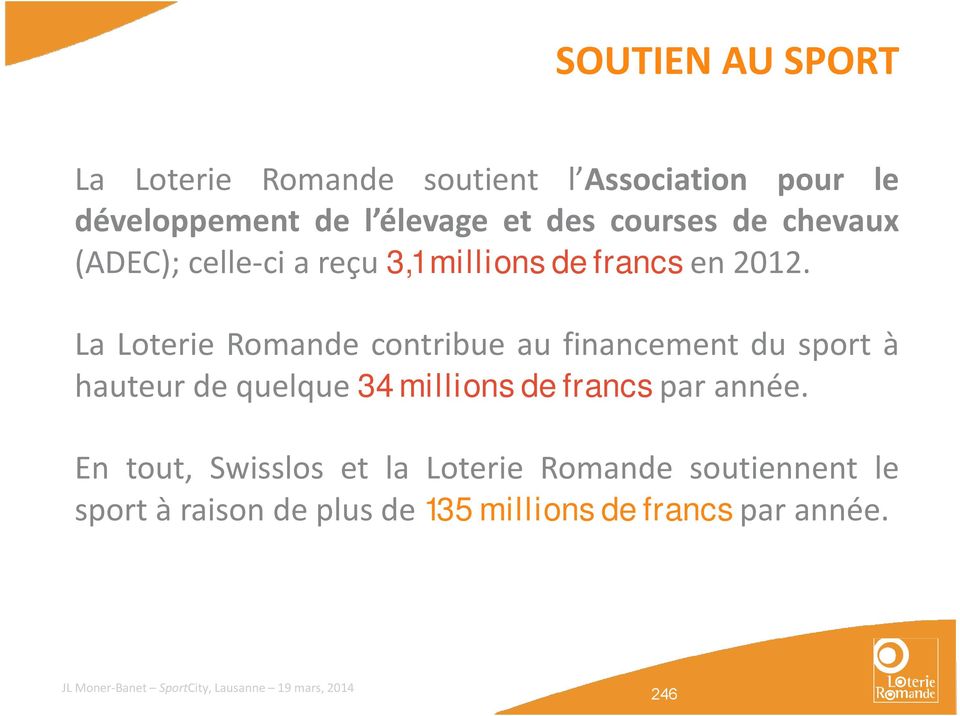 La Loterie Romande contribue au financement du sport à hauteur de quelque 34 millions de francs par année.