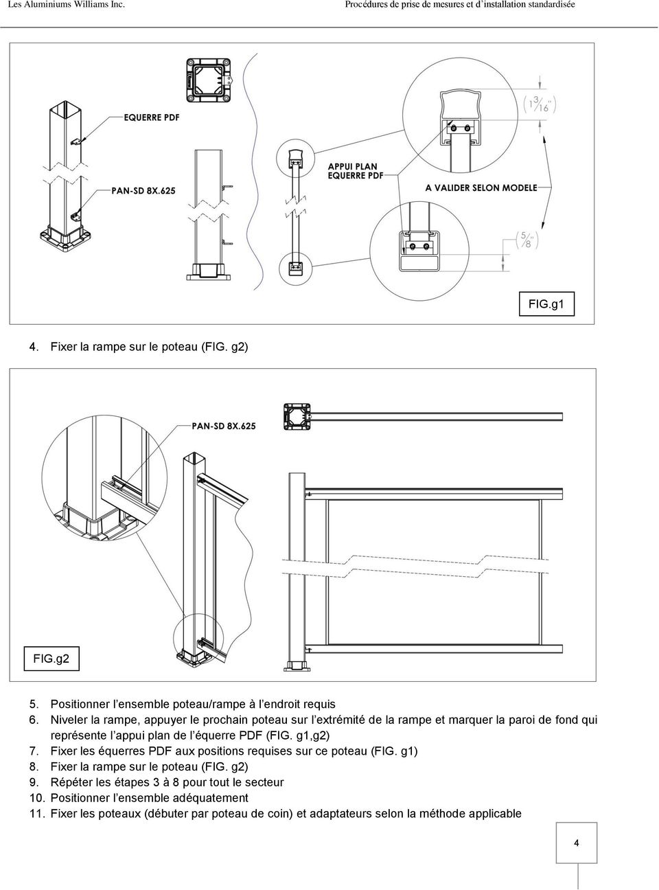 PDF (FIG. g1,g2) 7. Fixer les équerres PDF aux positions requises sur ce poteau (FIG. g1) 8. Fixer la rampe sur le poteau (FIG. g2) 9.
