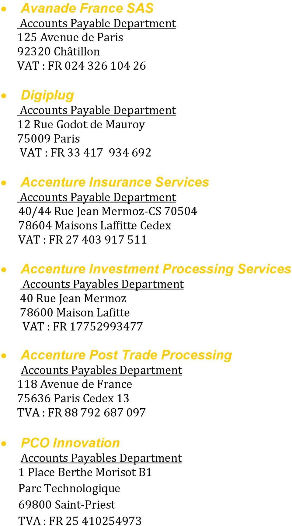 Services Accounts Payables Department 40 Rue Jean Mermoz 78600 Maison Lafitte VAT : FR 17752993477 Accenture Post Trade Processing Accounts Payables