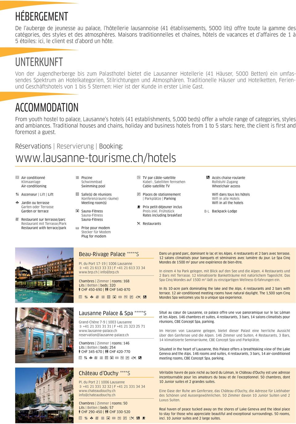 UNTERKUNFT Von der Jugendherberge bis zum Palasthotel bietet die Lausanner Hotellerie (4 Häuser, 5000 Betten) ein umfassendes Spektrum an Hotelkategorien, Stilrichtungen und Atmosphären.