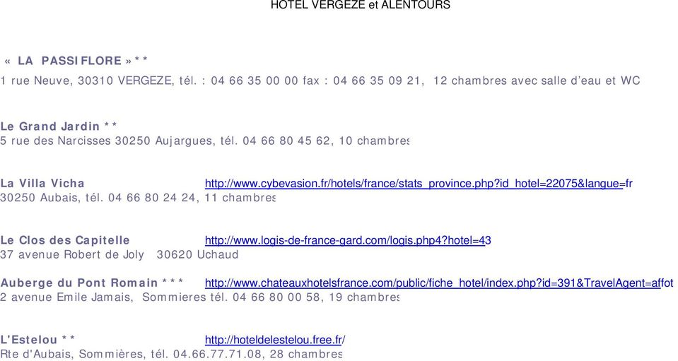 fr/hotels/france/stats_province.php?id_hotel=22075&langue=fr 30250 Aubais, tél. 04 66 80 24 24, 11 chambres Hôtel avec restaurant : Le Clos des Capitelle http://www.logis-de-france-gard.com/logis.