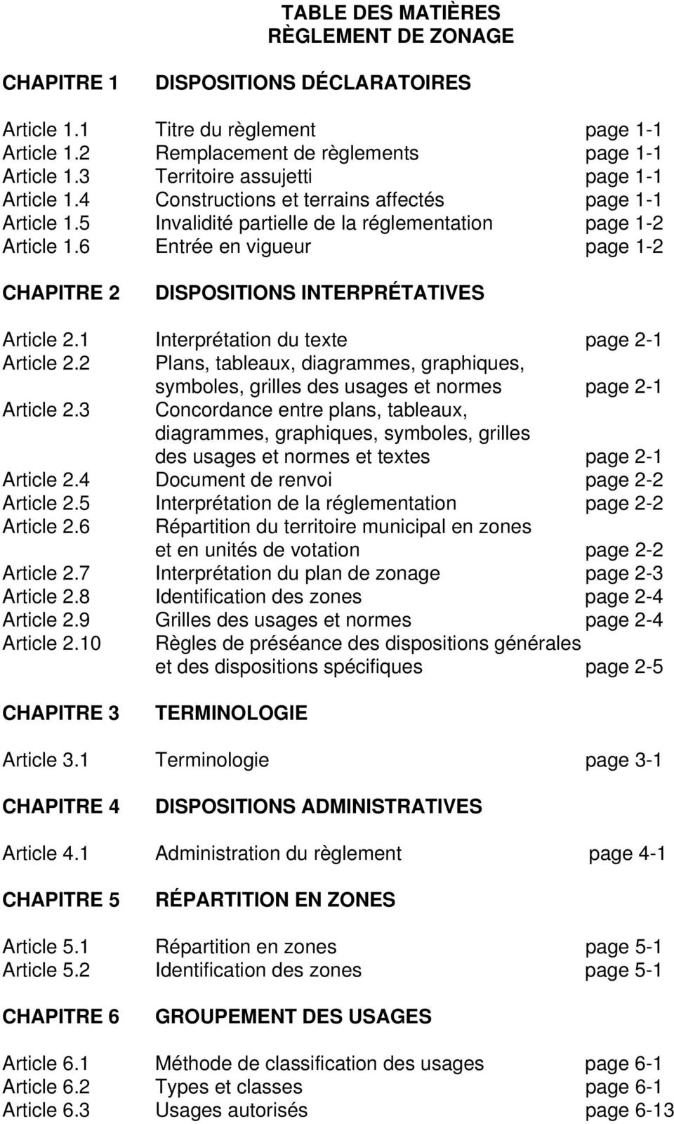 6 Entrée en vigueur page 1-2 CHAPITRE 2 DISPOSITIONS INTERPRÉTATIVES Article 2.1 Interprétation du texte page 2-1 Article 2.