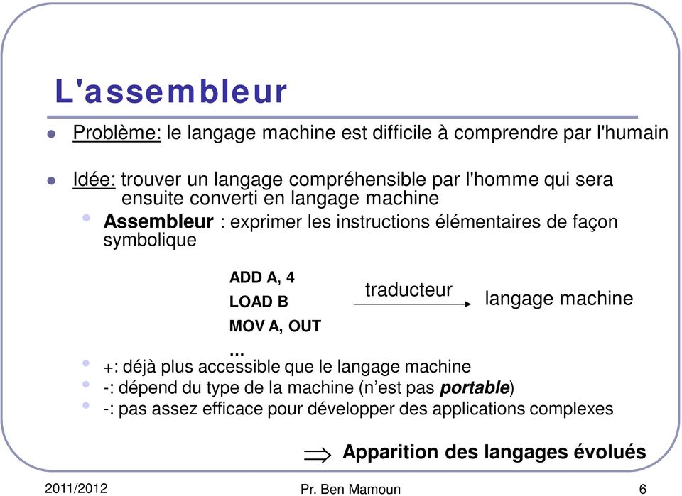 4 LOAD B MOV A, OUT +: déjà plus accessible que le langage machine -: dépend du type de la machine (n est pas portable) -: pas