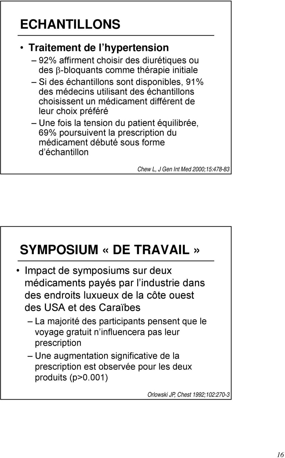 J Gen Int Med 2000;15:478-83 SYMPOSIUM «DE TRAVAIL» Impact de symposiums sur deux médicaments payés par l industrie dans des endroits luxueux de la côte ouest des USA et des Caraïbes La majorité des