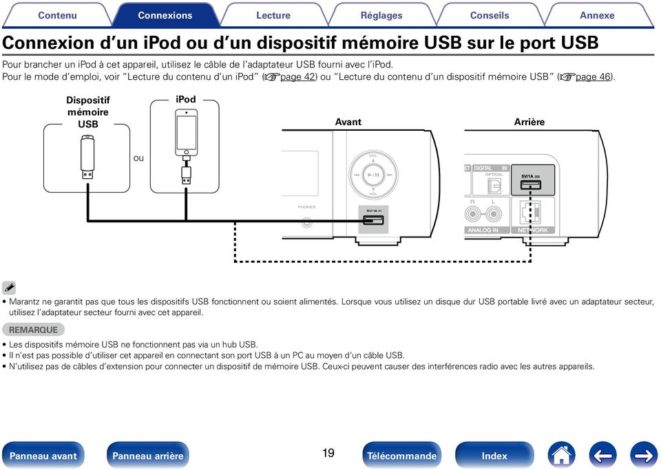 Dispositif mémoire USB ipod Avant Arrière ou % Marantz ne garantit pas que tous les dispositifs USB fonctionnent ou soient alimentés.