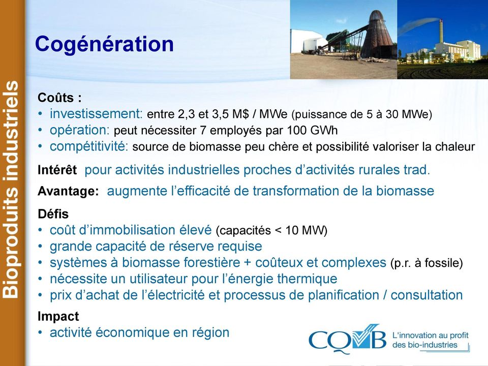 Avantage: augmente l efficacité de transformation de la biomasse Défis coût d immobilisation élevé (capacités < 10 MW) grande capacité de réserve requise systèmes à