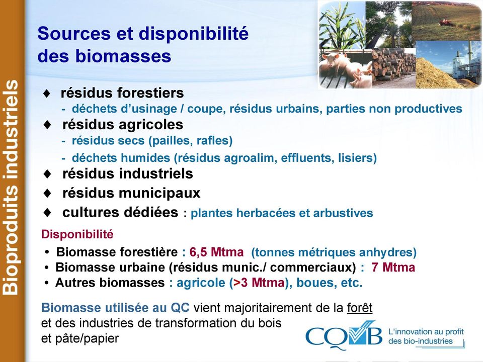 et arbustives Disponibilité Biomasse forestière : 6,5 Mtma (tonnes métriques anhydres) Biomasse urbaine (résidus munic.