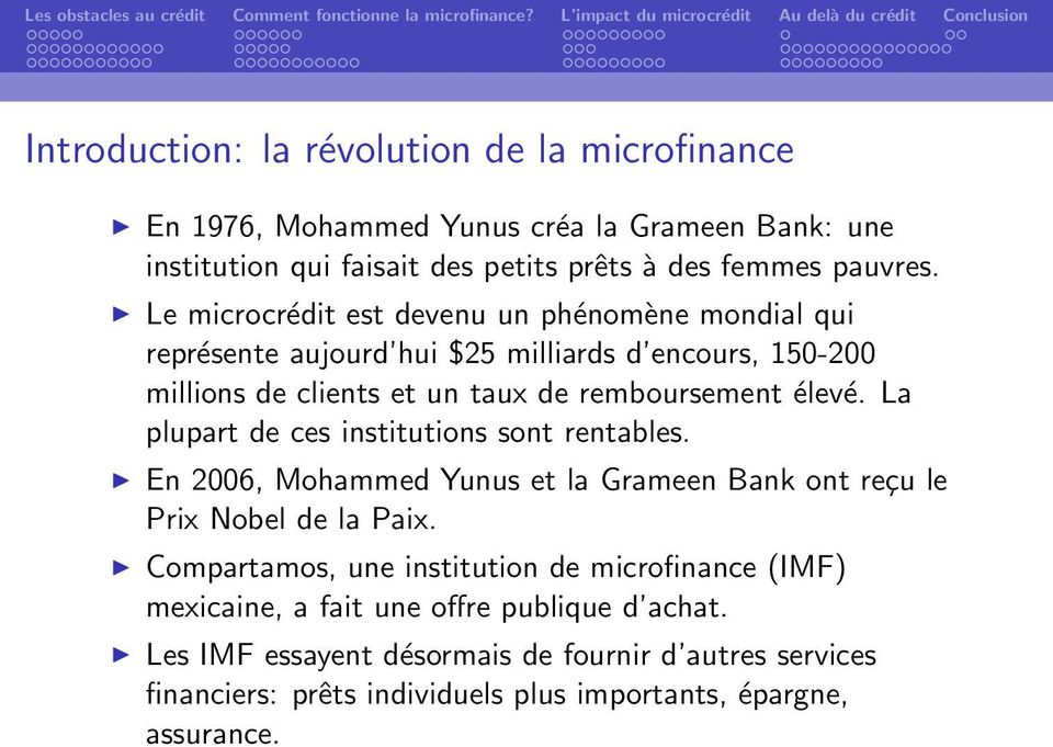 La plupart de ces institutions sont rentables. En 2006, Mohammed Yunus et la Grameen Bank ont reçu le Prix Nobel de la Paix.