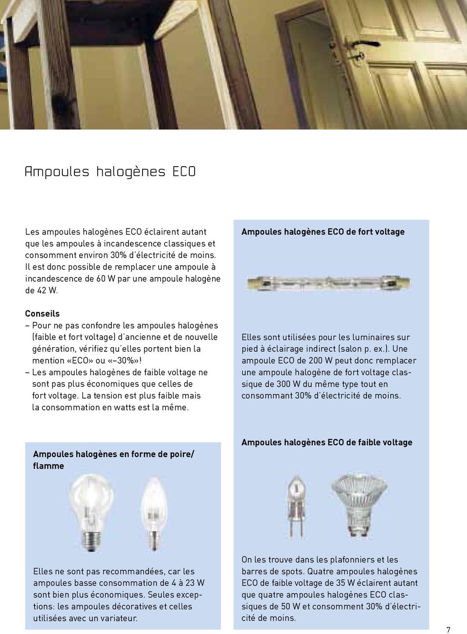 Ampoules halogènes ECO de fort voltage Conseils Pour ne pas confondre les ampoules halogènes (faible et fort voltage) d ancienne et de nouvelle génération, vérifiez qu elles portent bien la mention