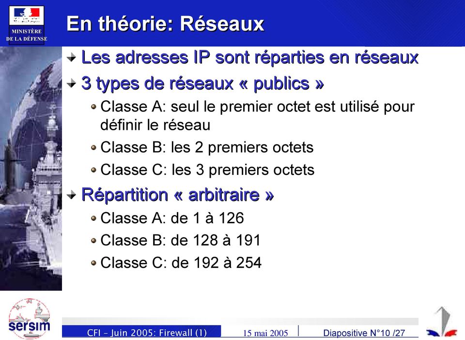 octets Classe C: les 3 premiers octets Répartition «arbitraire» Classe A: de 1 à 126 Classe