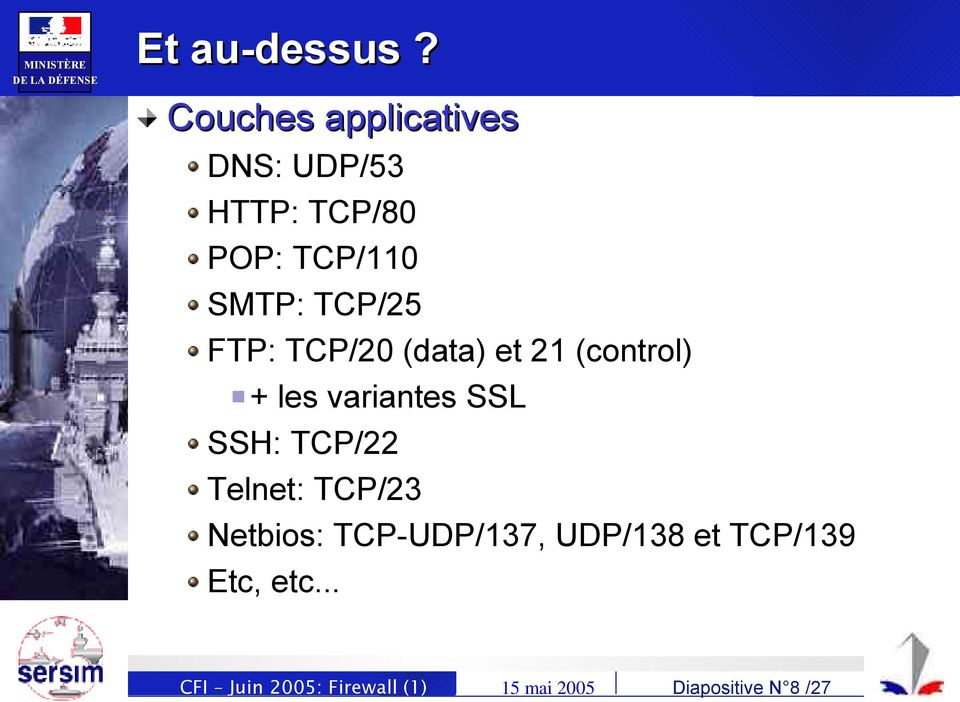 TCP/25 FTP: TCP/20 (data) et 21 (control) + les variantes SSL SSH: