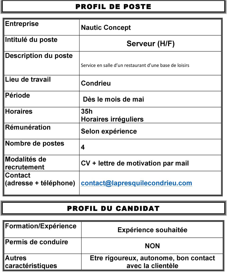 CV + lettre de motivation par mail contact@lapresquilecondrieu.