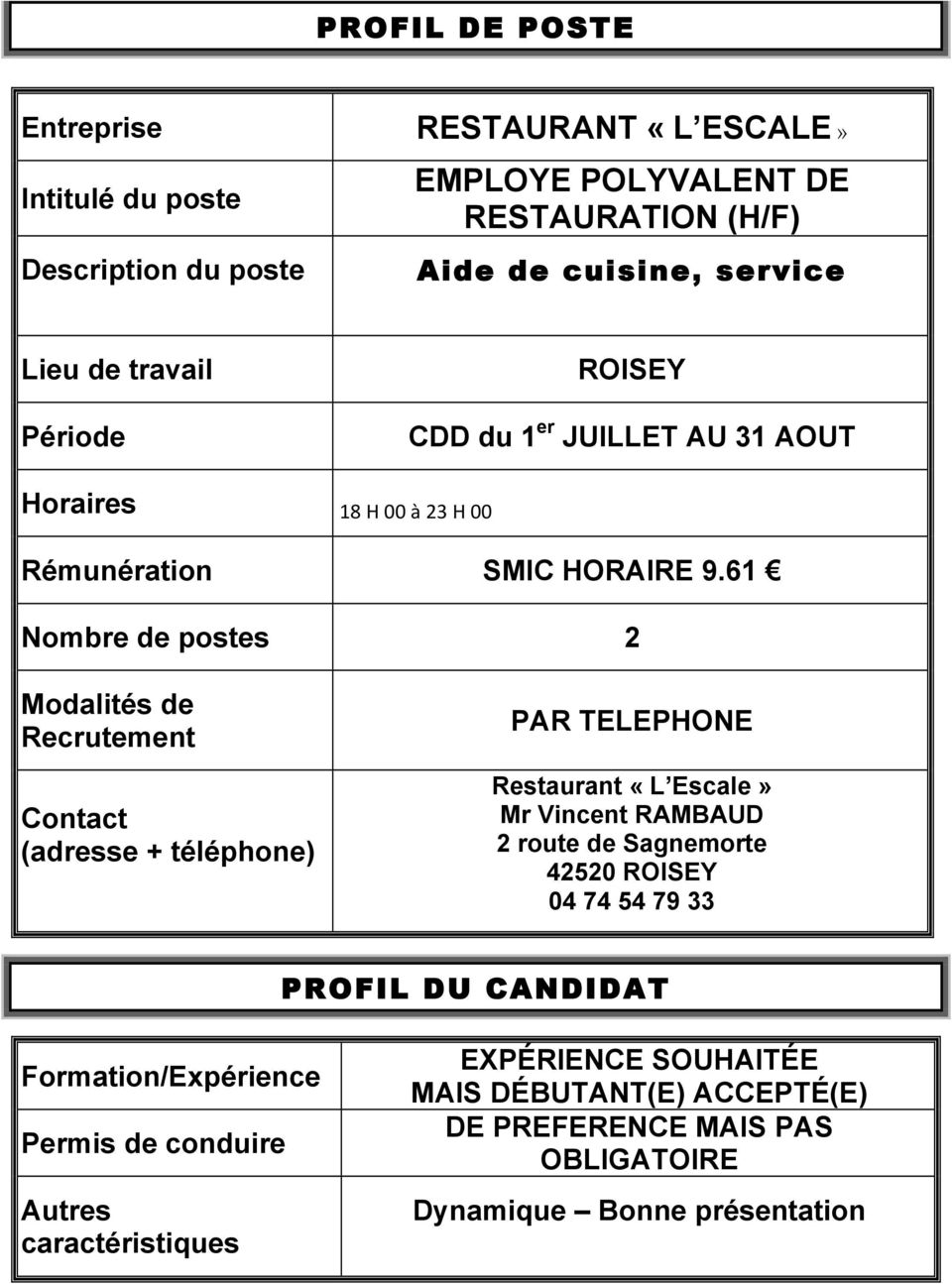 61 2 Recrutement PAR TELEPHONE Restaurant «L Escale» Mr Vincent RAMBAUD 2 route de Sagnemorte