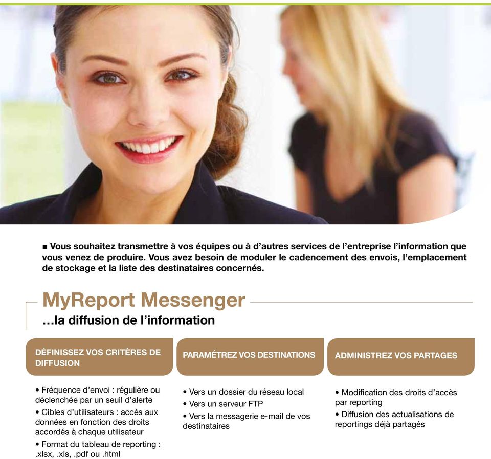 MyReport Messenger la diffusion de l information Définissez vos critères de diffusion Paramétrez vos destinations Administrez vos partages Fréquence d envoi : régulière ou déclenchée par un seuil d