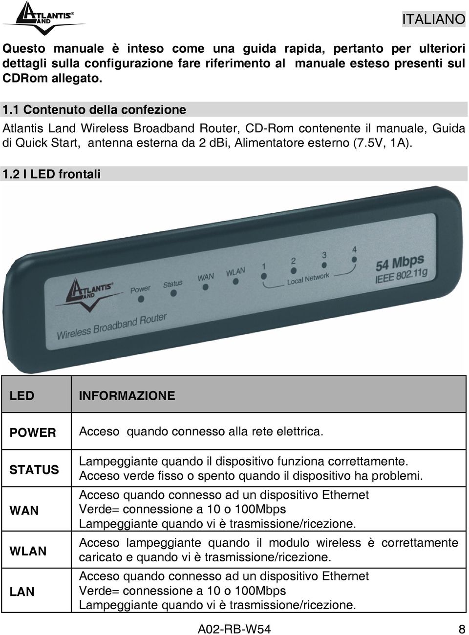 ). 1.2 I LED frontali LED INFORMAZIONE POWER STATUS WAN WLAN LAN Acceso quando connesso alla rete elettrica. Lampeggiante quando il dispositivo funziona correttamente.