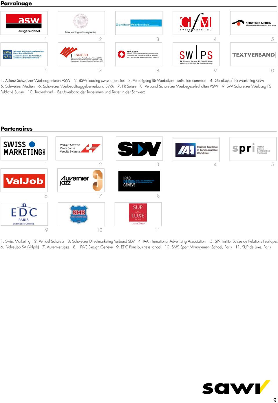 Schweizer Werbeauftraggeberverband SWA 7. PR Suisse 8. Verband Schweizer Werbegesellschaften VSW 9. SW Schweizer Werbung PS Publicité Suisse 10.