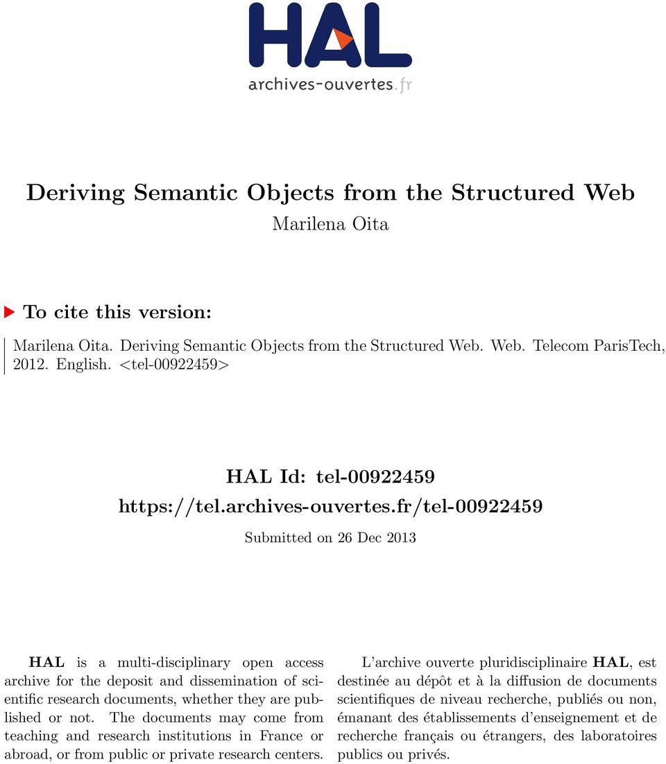 fr/tel-00922459 Submitted on 26 Dec 2013 HAL is a multi-disciplinary open access archive for the deposit and dissemination of scientific research documents, whether they are published or not.