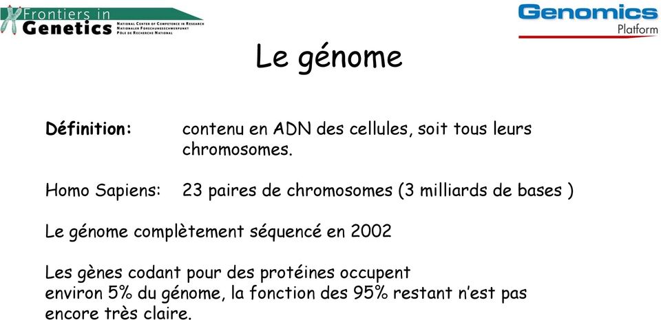 Homo Sapiens: 23 paires de chromosomes (3 milliards de bases ) Le génome
