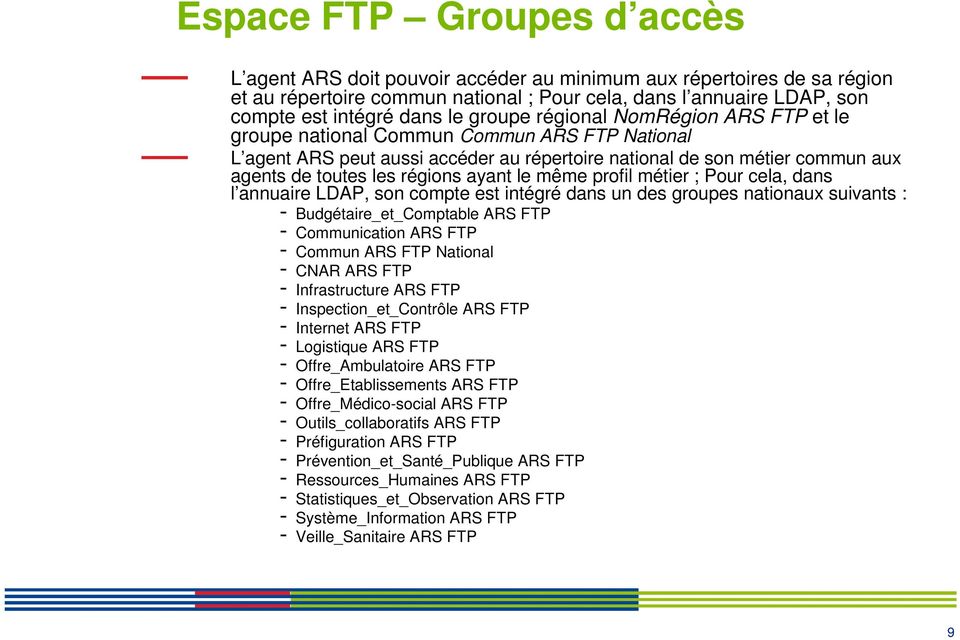 ayant le même profil métier ; Pour cela, dans l annuaire LDAP, son compte est intégré dans un des groupes nationaux suivants : - Budgétaire_et_Comptable ARS FTP - Communication ARS FTP - Commun ARS