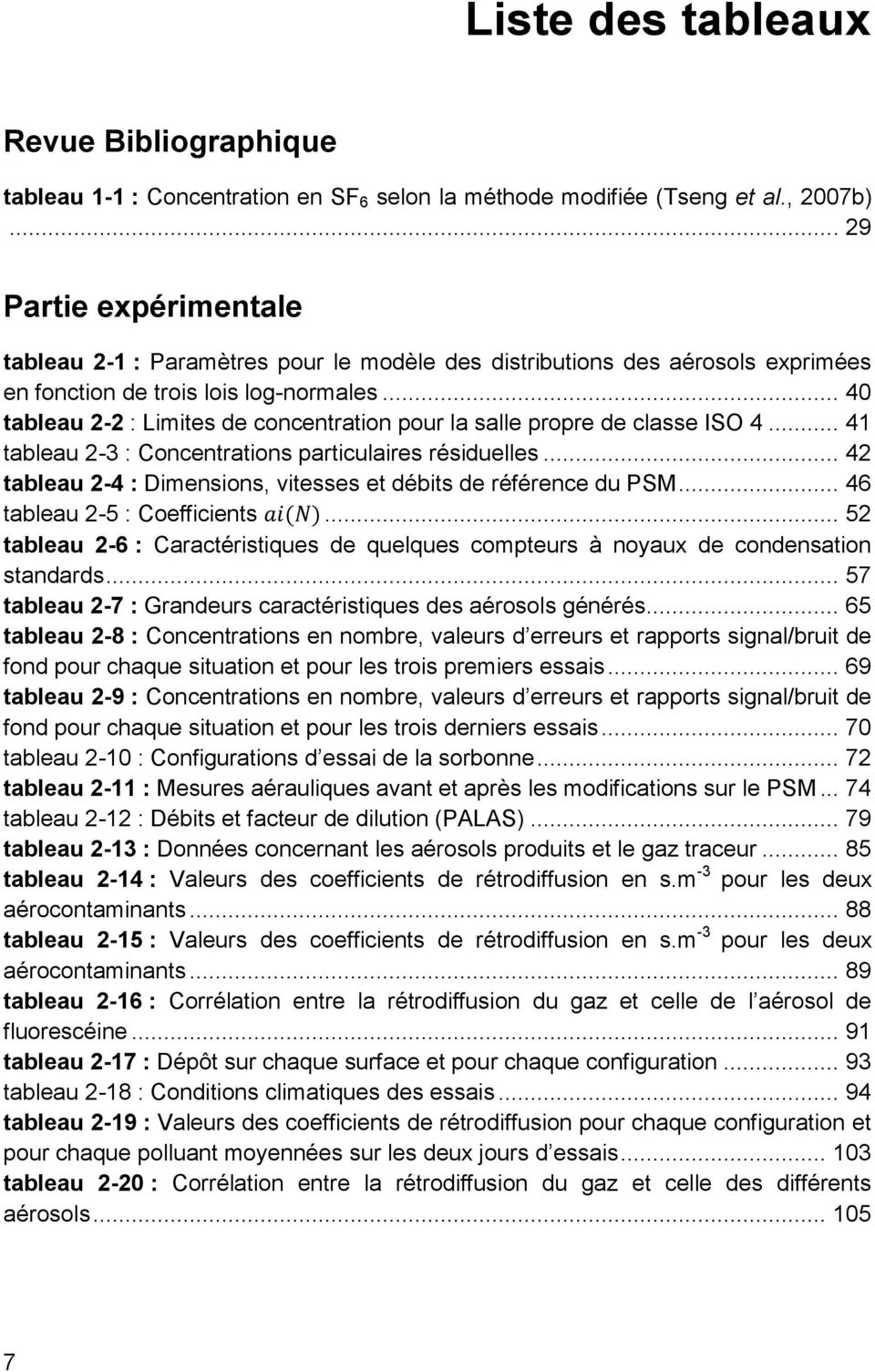 .. 40 tableau 2-2 : Limites de concentration pour la salle propre de classe ISO 4... 41 tableau 2-3 : Concentrations particulaires résiduelles.